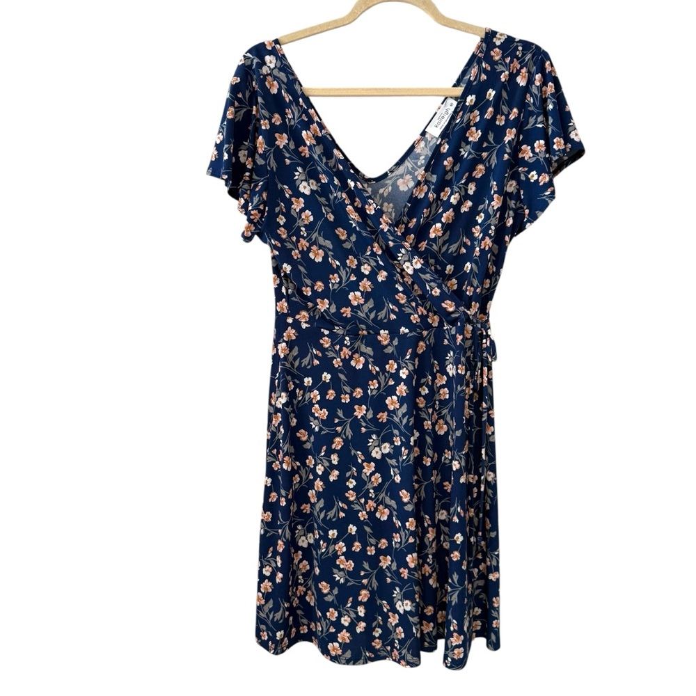 Kaileigh Medium Petite Navy Blue Pink Floral Faux Wrap Flutter Sleeve Dress